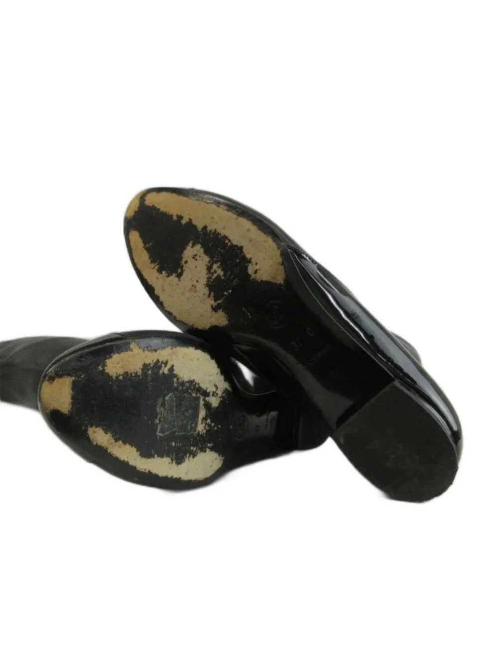 Chanel Long Boots Leather Patent Paneled Round Toe Flat CC Logo